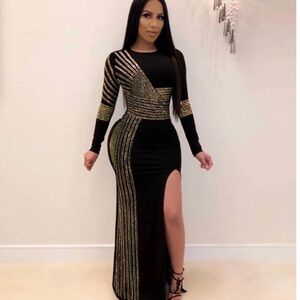 BadyminCSL Women Dress Party Dress Evening Gown Side Slit Long Sleeve Prom Dress